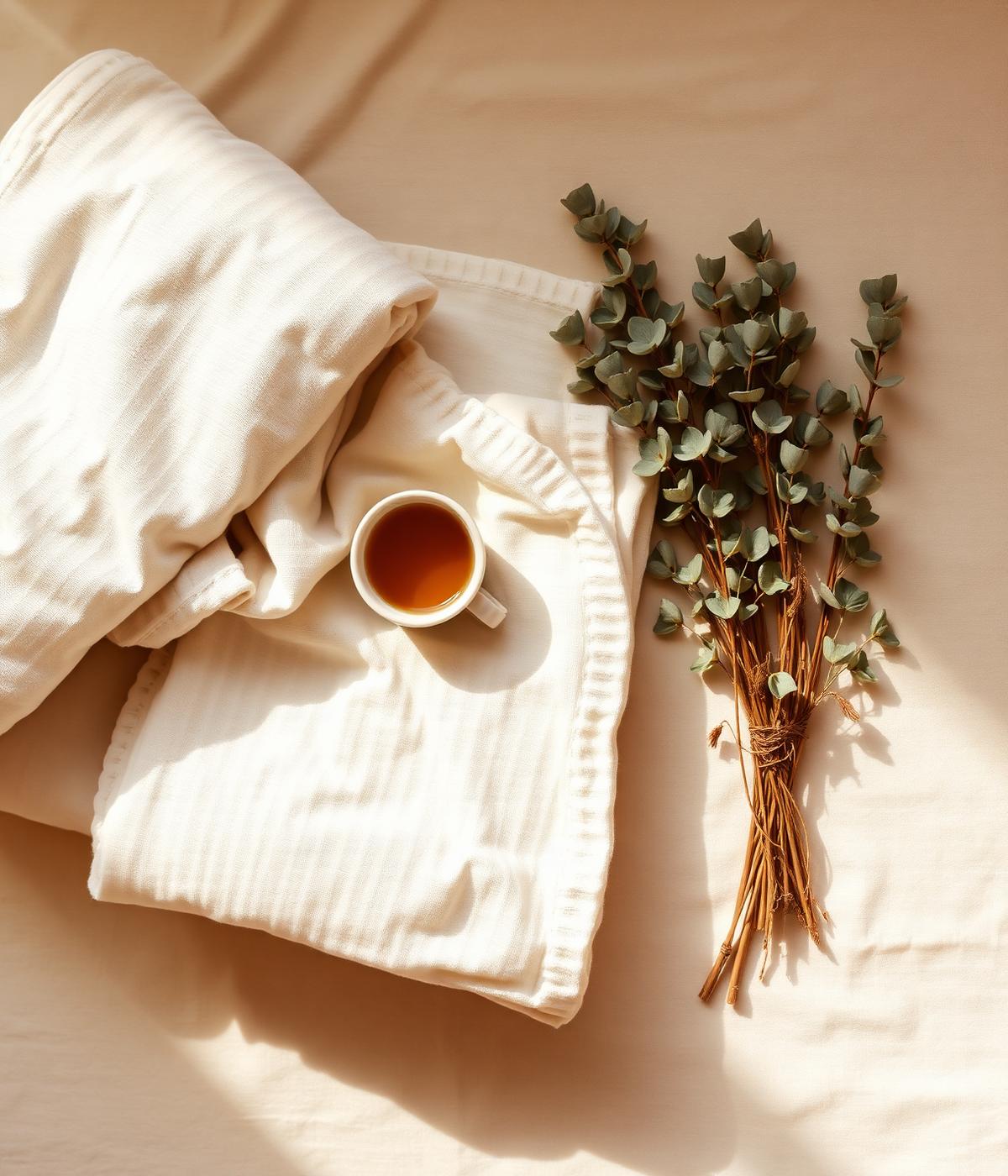 Folded muslin blankets, a warm cup of tea, and dried eucalyptus